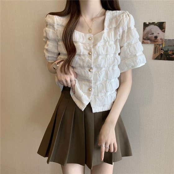 plus size French Square Collar Bubble Plaid Short-sleeved Stylish Top Women's 2024 Summer New Fat Flesh Covering Slim All-match Shirt