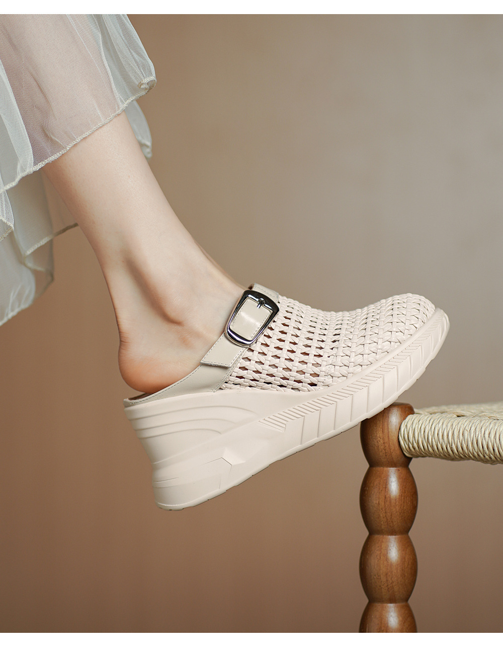 Sandal cao gót nữ mũi hở đế xuồng 8.5cm da thật kiểu La Mã đan lưới — màu đen, màu mơ chi tiết 6