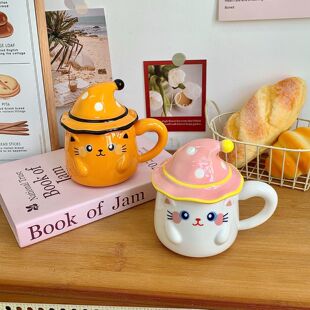 Cat Mug with Lid Ceramic Mug Girl's Water Cup Office Coffee Breakfast Cup Birthday Gift Accompanying Gift