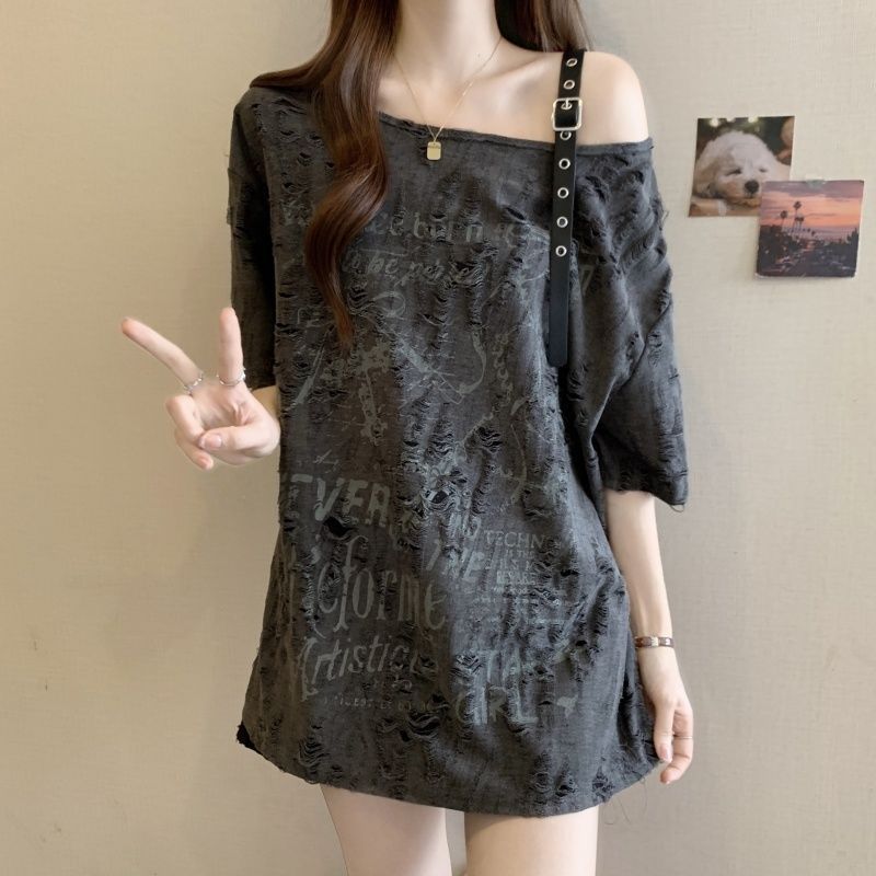 大きいサイズのリッピングショルダー半袖Tシャツ女性用2025年夏新作ファットmmルーズスリミングカバーオフショルダートップ女性用|undefined