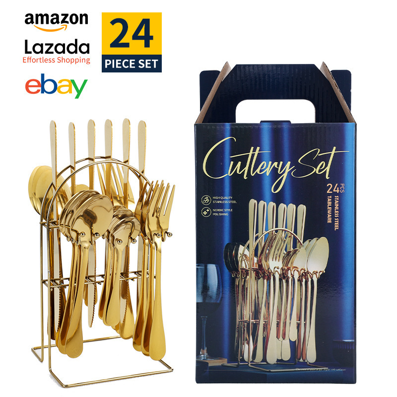 Conjunto de cubiertos de acero inoxidable transfronterizo de 24 piezas cuchillo de filete cuchara de cubiertos occidentales caja de regalo estado de ánimo cuchillo de huevo exportación