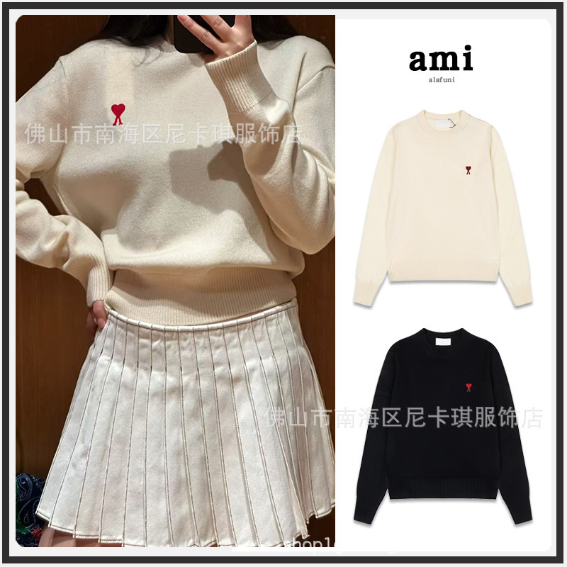 Breaking News! Ami Sweater with Round Neck and Small Heart Embroidery, 25Ss Couple's Long-Sleeve Cross-Border Warm Wool Knitwear for Women, Ins Style Breaking News! Ami Sweater with Round Neck and Small Heart Embroidery, 25Ss Couple's Long-Sleeve Cross-Border Warm Wool Knitwear for Women, Ins Style