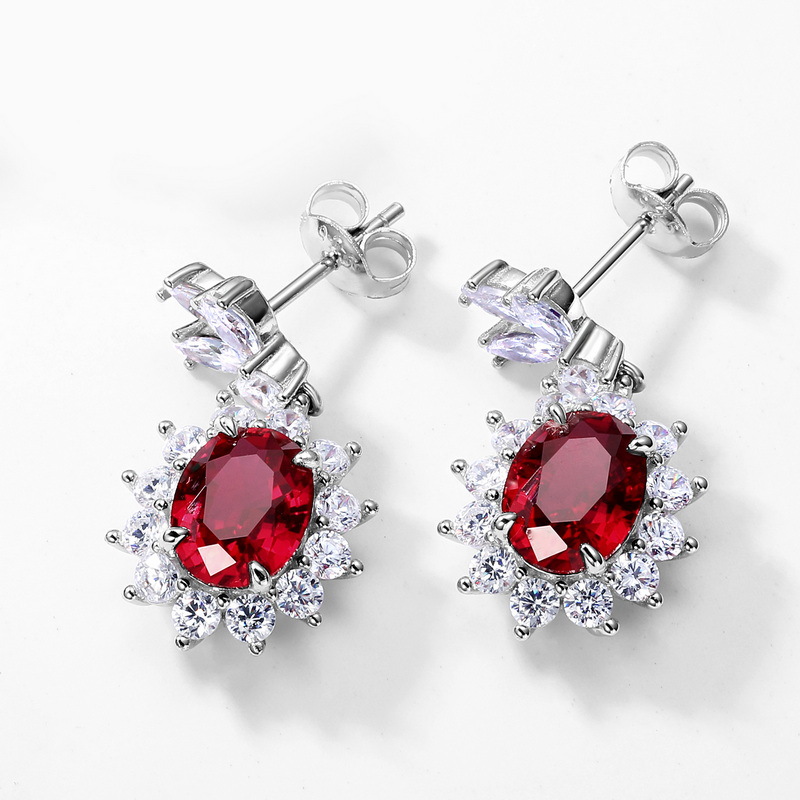 Pendientes de plata S925 con rubí cultivado color sangre de paloma para mujer, con incrustaciones de piedras preciosas de colores, estilo socialité de alta gama, exquisitos.