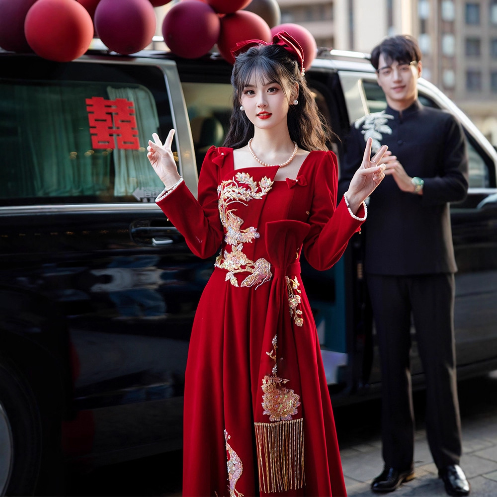 Spring Wedding Dress for the Bride, High-End Engagement Dress, Red Wedding Casual Dress, Homecoming New Chinese Style Dress with Long Sleeves