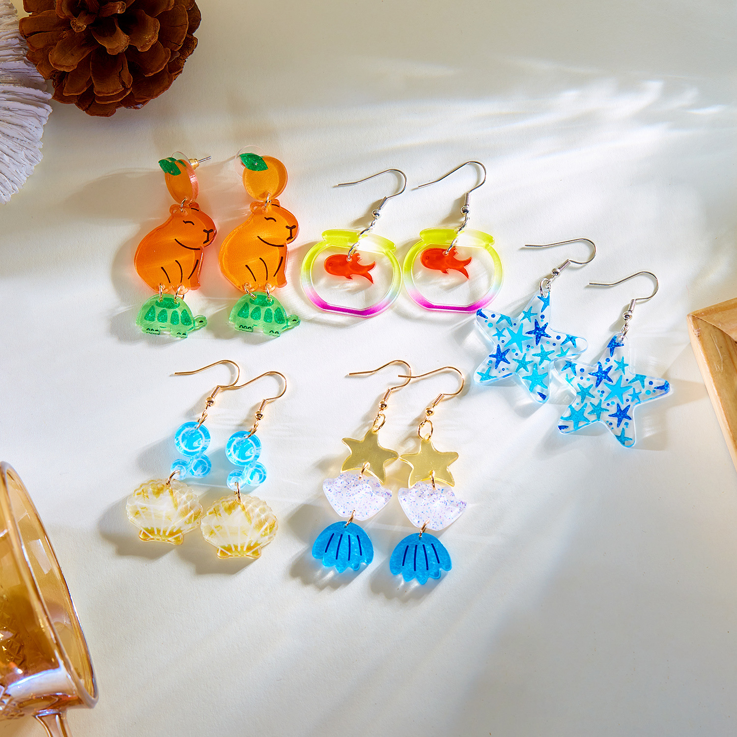 11g Weight Alloy Ear Needle Material Drop Earrings Classification 1 Pair Quantity Holiday, Daily Occasion Acrylic Material Starfish Pattern Spring&Summer Season Women's Gender Plating Design Vacation, Classic Style Style 1 Pair Vacation Classic Style Starfish Plating Acrylic Drop Earrings 无