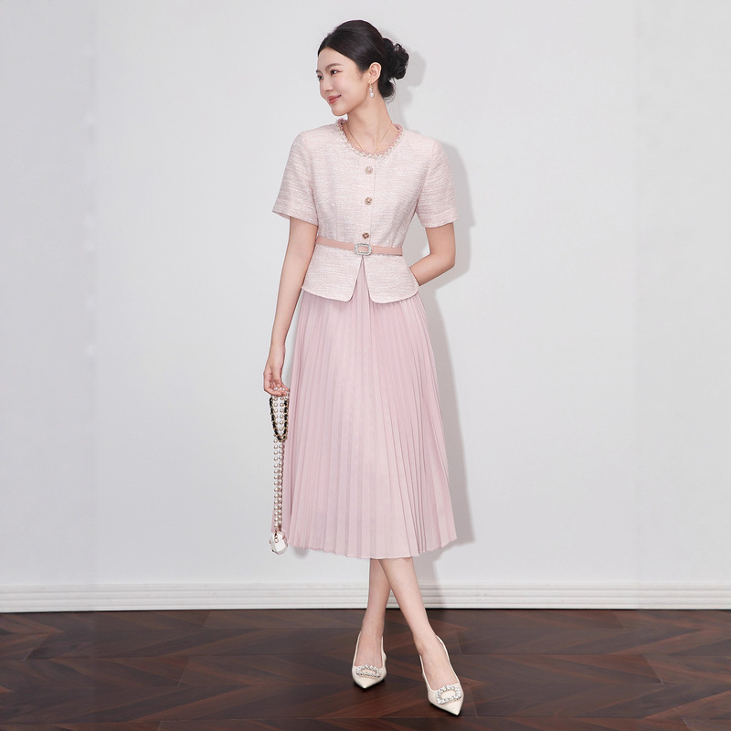 2509908-Fashionable and Elegant Bright Silk Woven Small Fragrance Dress French Fake Two-Piece Pleated Skirt Nanyou Women's Summer