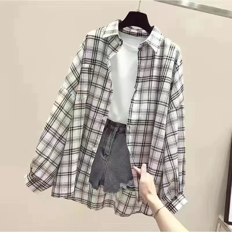 夏の女子学生韓国風ルーズ長袖チェック柄日焼け止め服シャツ+半袖Tシャツ+|undefined