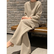 跨境专供针织套装女2025秋冬加厚毛衣＋阔腿裤慵懒风显瘦两件套