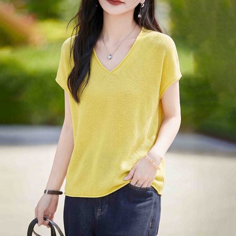 French old money style ice silk linen short-sleeve knit top for women, with small flutter sleeves, summer thin loose slimming breathable T-shirt