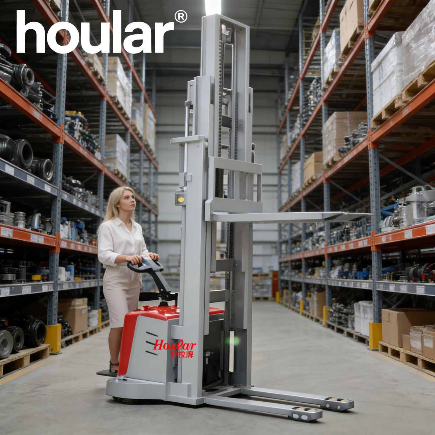HOULAR站驾式3吨堆垛车全电动堆高车重型3T搬运车叉车升高车