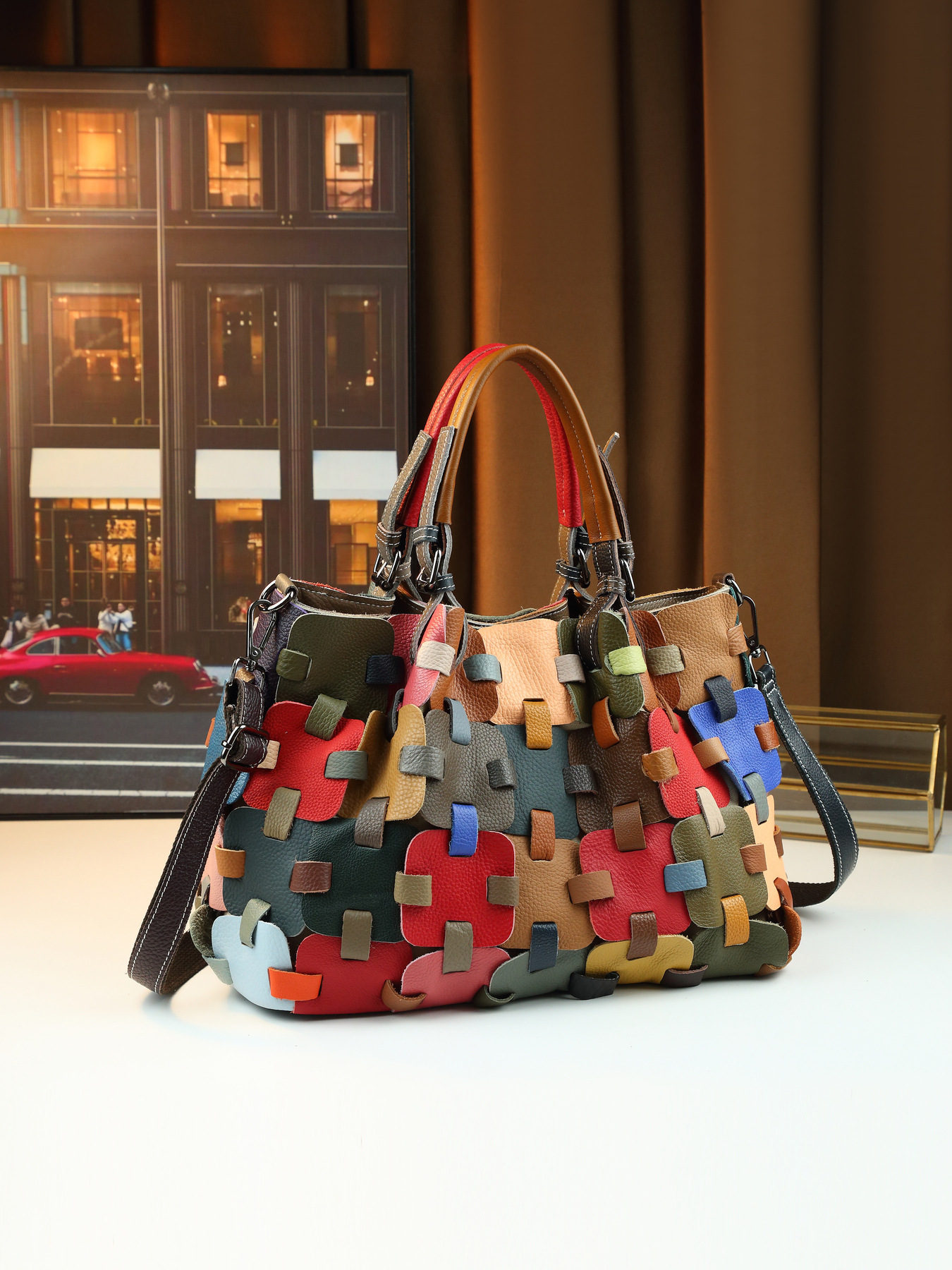 Woven Leather Patchwork Women's Handbag Large Shoulder Crossbody Bag_voghion.com