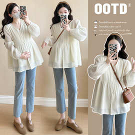 孕妇春装上衣女中长款孕妇装春秋时尚V领娃娃衫显瘦洋气长袖衬衫