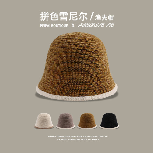 Autumn and winter chenille fisherman hat women's warm and face-blocking new style versatile knitted basin hat cold-proof bucket hat