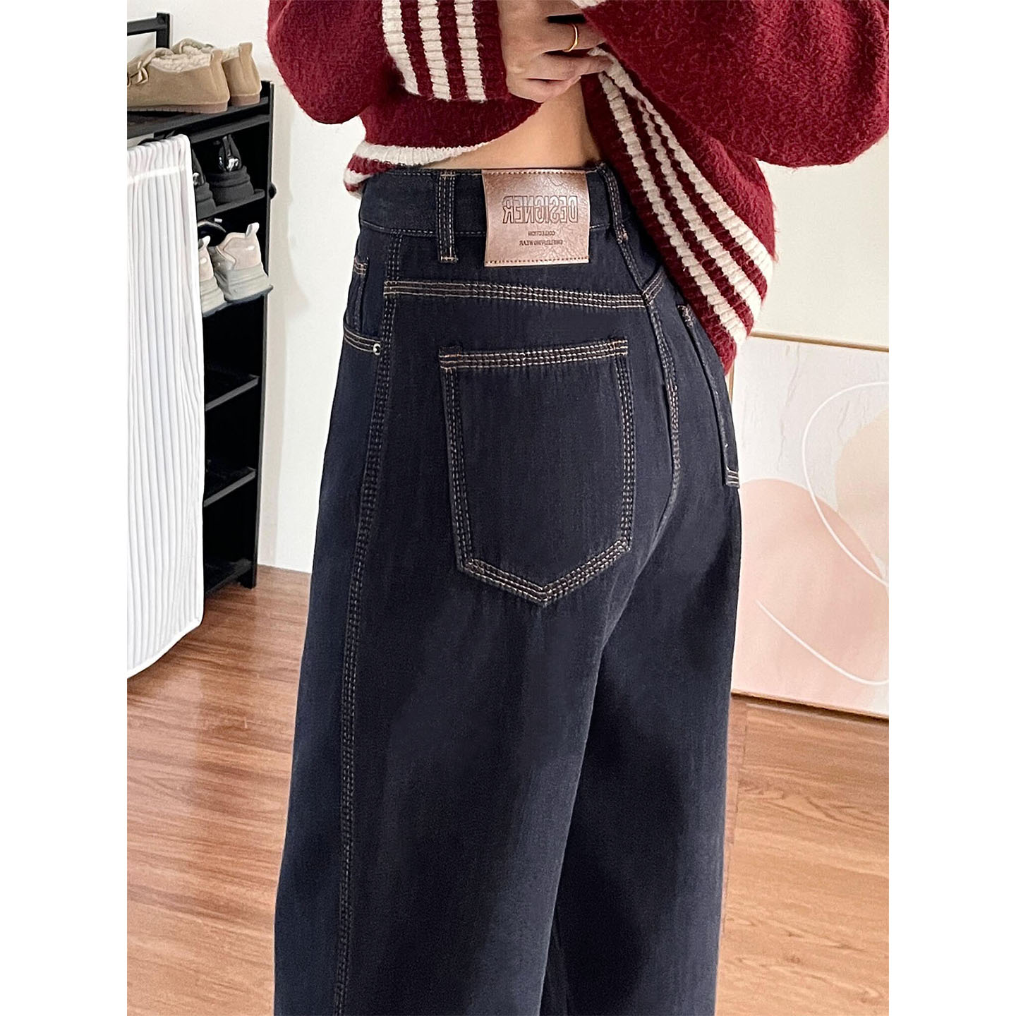 Denim azul de lana de invierno de mujer nuevo peso mm figura de pera de cintura alta delgada pantalones de piernas anchas