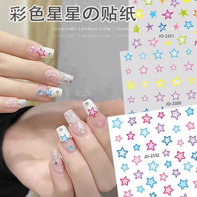 Macaron-Colored Star Nail Stickers, Cute and Fresh for Spring and Summer, Adhesive Nail Decals with Gold Stamping, High Aesthetic Value