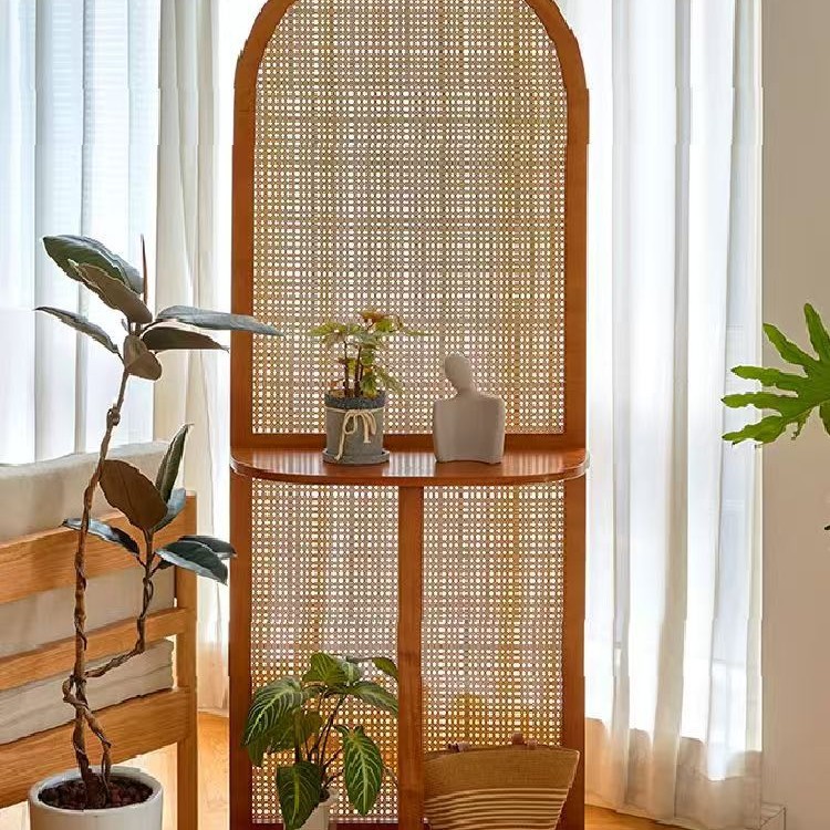 French-Style Retro Rattan Solid Wood Screen Entryway Partition Living Room Shelf Bedroom Divider Facing the Entrance Door