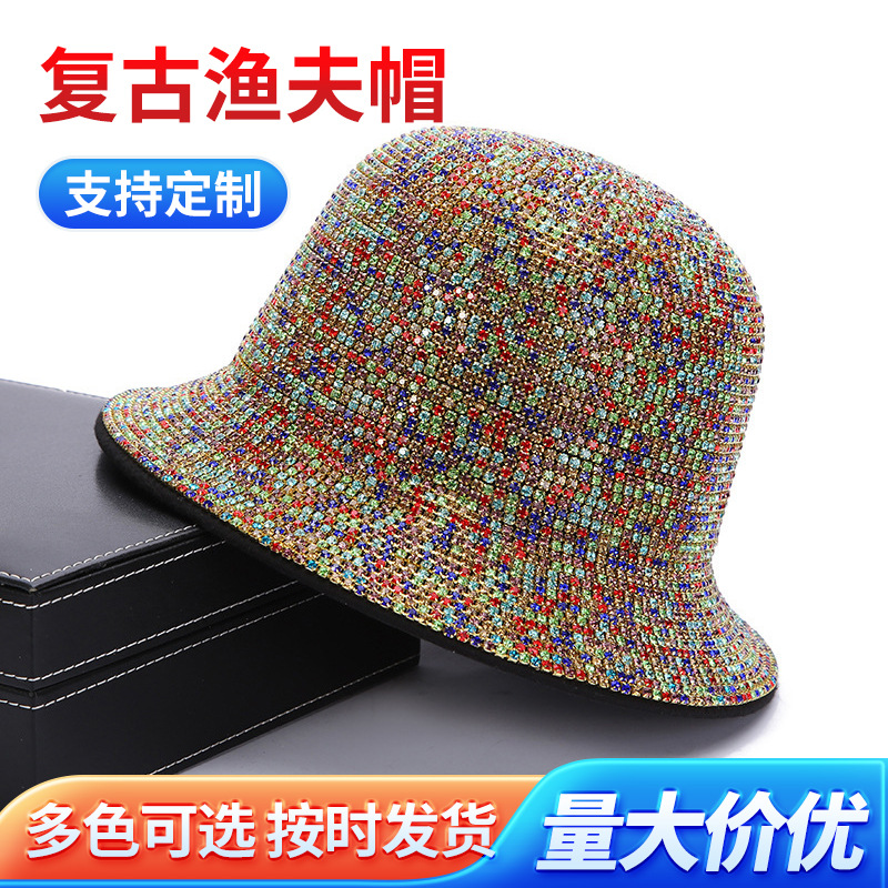 Nuevo sombrero de pescador retro europeo y americano de gama alta rhinestone cuenca sombrero de verano de las mujeres sombrero de sol rendimiento de moda sombrero transfronterizo