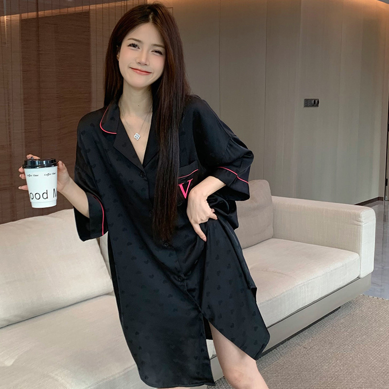 Korean style simple style shirt dress pajamas women's silk long sleeve ins spring and summer home wear suit wholesale