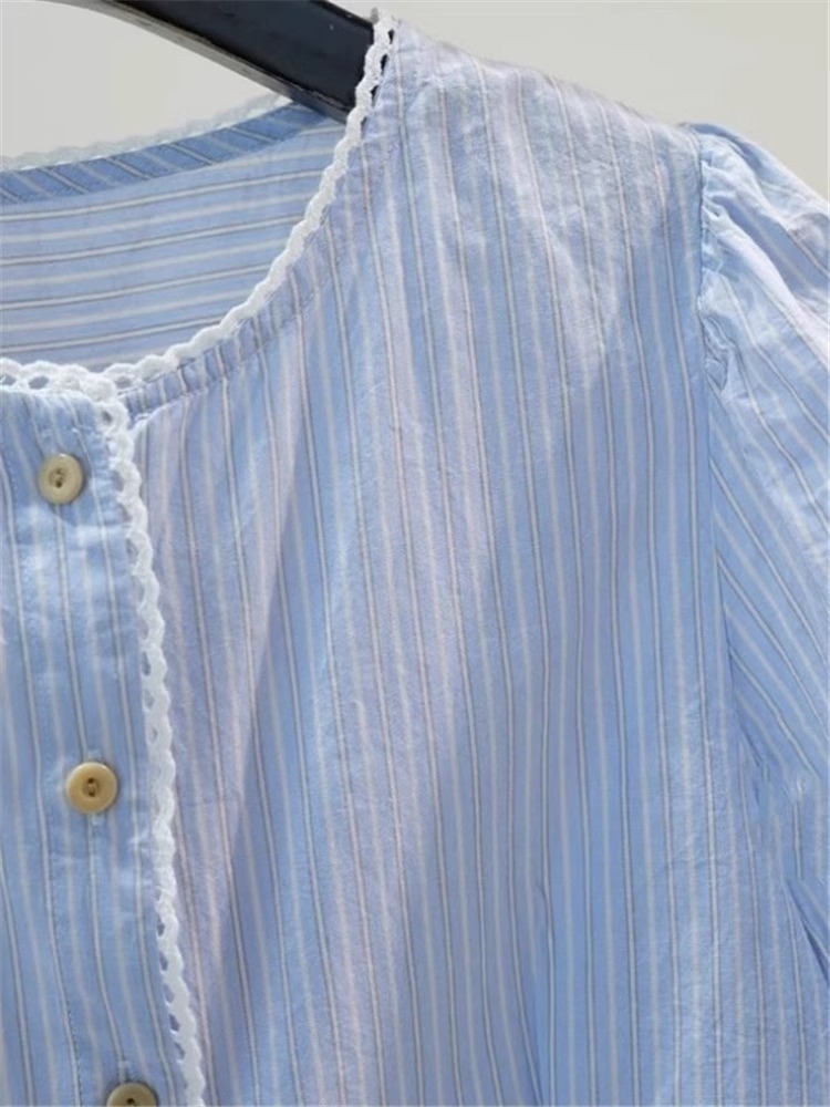 Áo sơ mi nữ cotton sọc dọc xanh nhạt dáng ngắn thắt eo tay phồng — màu xanh nhạt chi tiết 3