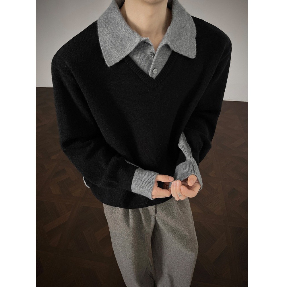 Old Money Style Fake Two-Piece Sweater for Men in Winter, Thickeneded and Warm, Youth High-End Trendy Brand Long-Sleeved Polo Collar Knitwear