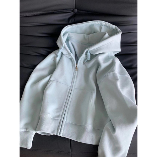 Whitening milk-powdered Korean-style short sleeve hoodie jacket for women, hooded sweatshirt, thin zipper cardigan for outerwear