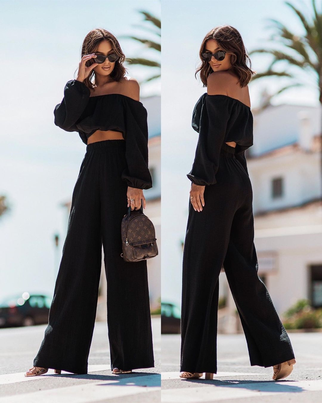 Off Shoulder Neckline Holiday Daily Women's Sexy Streetwear Solid Color Polyester Pleated Pant Co-ord Set Pants Sets