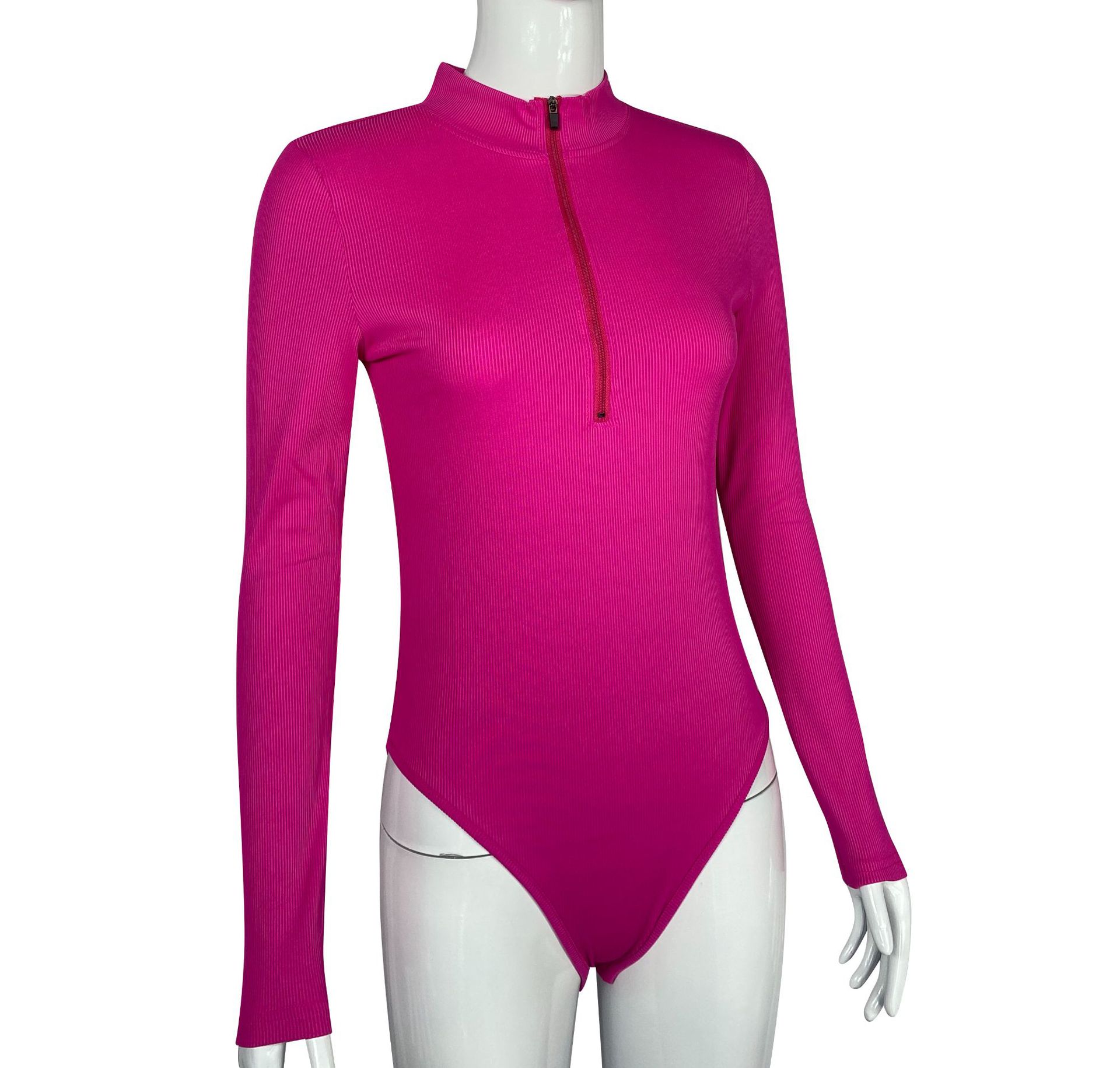 Ribbed Long Sleeve Bodysuit With Front Zipper - Stretchy Soft Fabric For Women, Seamless Layering Top, Comfortable Casual And Night Out Jumpsuit_ecoleips.com