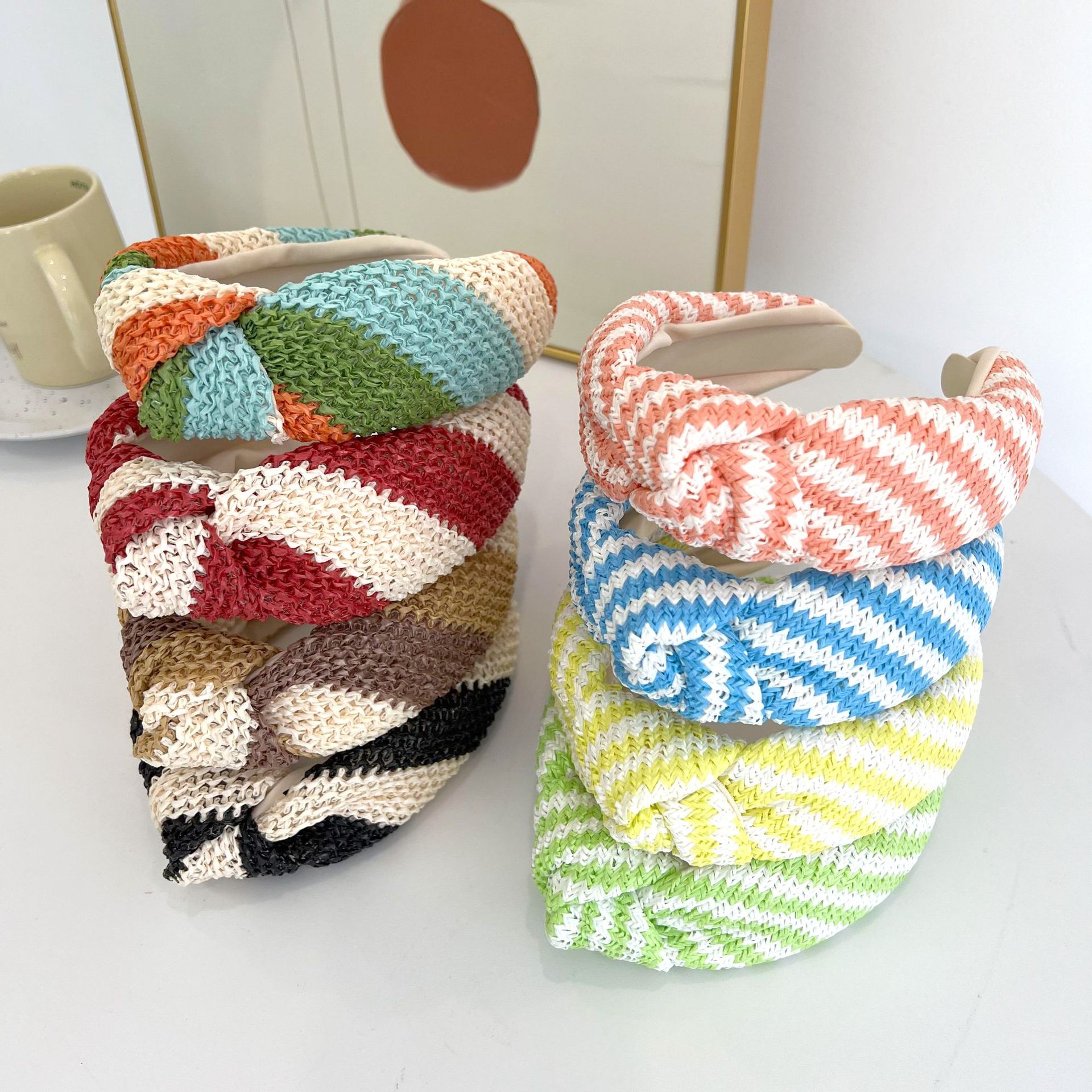 夏威夷的夢草編制高顱頂發卡少女外出海邊條紋撞色外貿跨境發箍女