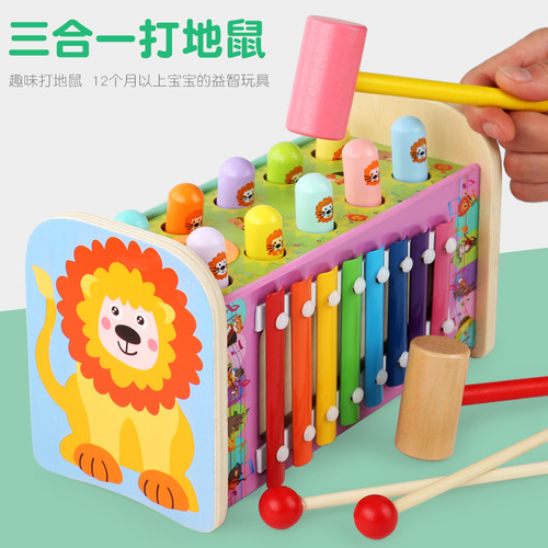 Wooden lion three-in-one music whack-a-mole knocking piano multi-functional music piano maze moving game children's toy