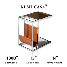 设计师意式极简玻璃边几卧室茶几客厅家用不锈钢现代沙发圆形角几