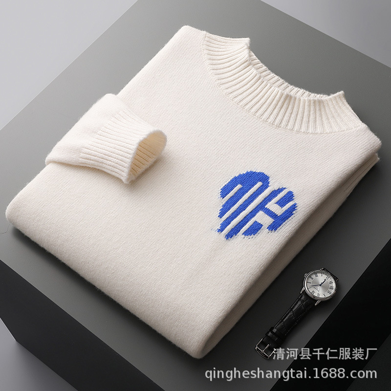 New Autumn/Winter Chinese Heart Half-High Neck Wool Sweater Men's Pullover Thick Sweater Business Casual Base Wool Sweater