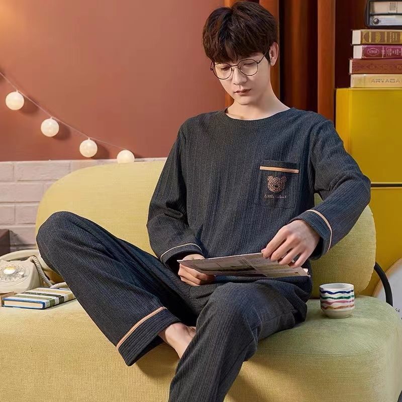 Algodón pesado para aumentar pijamas de manga larga para hombres cómodos jóvenes de mediana edad primavera otoño invierno ropa para el hogar