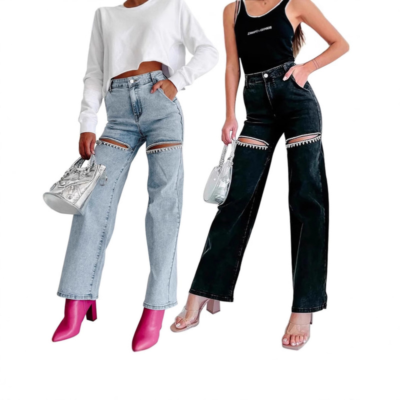 D8725 Four-Season Wear European and American Fashion Women's Clothing Washed Multi-Pocket Open-Style Hand-Applied Rhinestone Washed Denim Jeans D8725 Four-Season Wear European and American Fashion Women's Clothing Washed Multi-Pocket Open-Style Hand-Applied Rhinestone Washed Denim Jeans