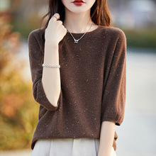 慵懒风金豆沙羊毛短袖女宽松套头时尚高端毛衣一线成衣针织打底衫