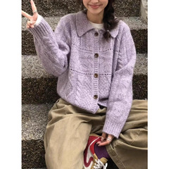 韩系复古花纱翻领针织开衫女2025新款秋款简约百搭温柔风外搭毛衣