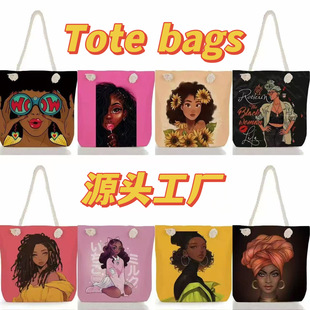 2025 Fashion New Black Printed Cotton Rope Combination Women's Bag Cartoon Creative Thick Rope Tote Bag Hand Bag