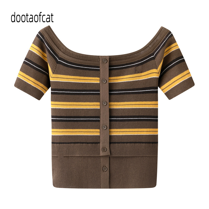 Pre-2026 Summer New Women's Fitted Designer Style Color-Block Striped Off-Shoulder Knit Sweater Rk70601023