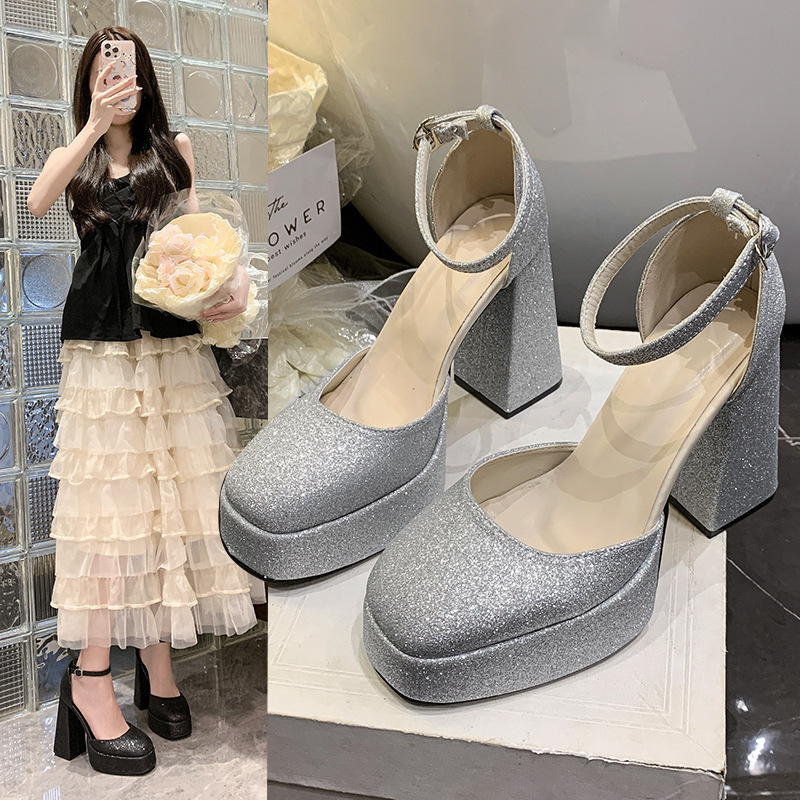 Chunky Heel Platform High Heels for Women, New Spring/Summer Fashion Sequined Hollow Single Shoes with Ankle Strap and Closed Toe Sandals Chunky Heel Platform High Heels for Women, New Spring/Summer Fashion Sequined Hollow Single Shoes with Ankle Strap and Closed Toe Sandals