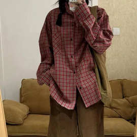 美式复古慵懒风宽松格子长袖衬衫女春秋2027新款法式上衣外套