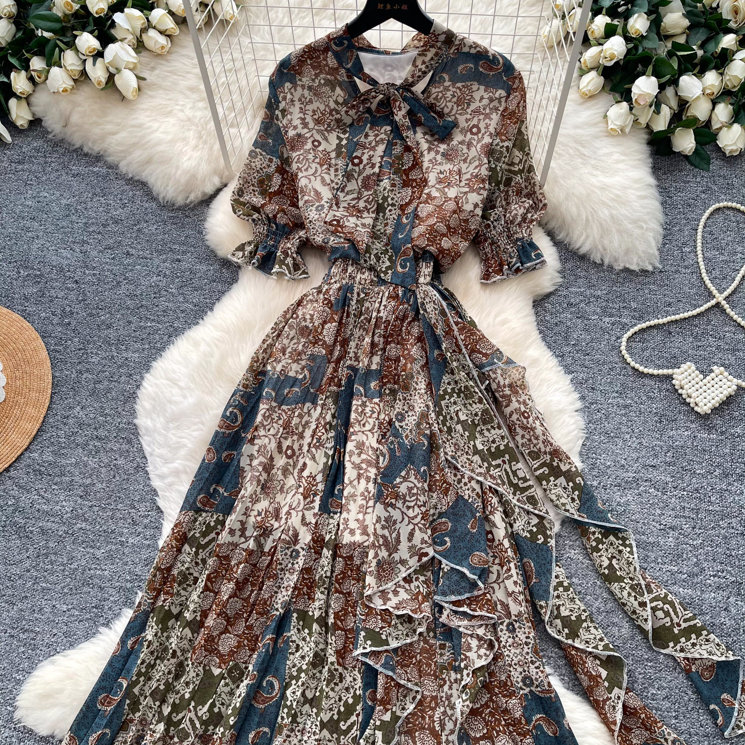 Retro Printed Dress Short Sleeved a Line Skirt Long Slimming Elegant Summer Women's Clothing_ecoleips.com