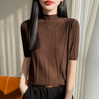 春秋新款女精纺羊毛女半高领亮片半袖内搭宽松百搭时尚上衣针织衫