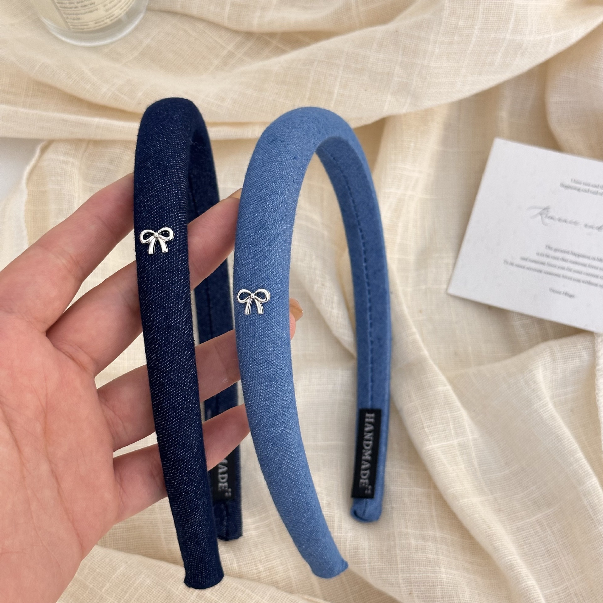Korean Retro Versatile Bow Denim Sponge Thin Hair Hoop for Girls 2024 New Simple High-End Face Wash Headband
