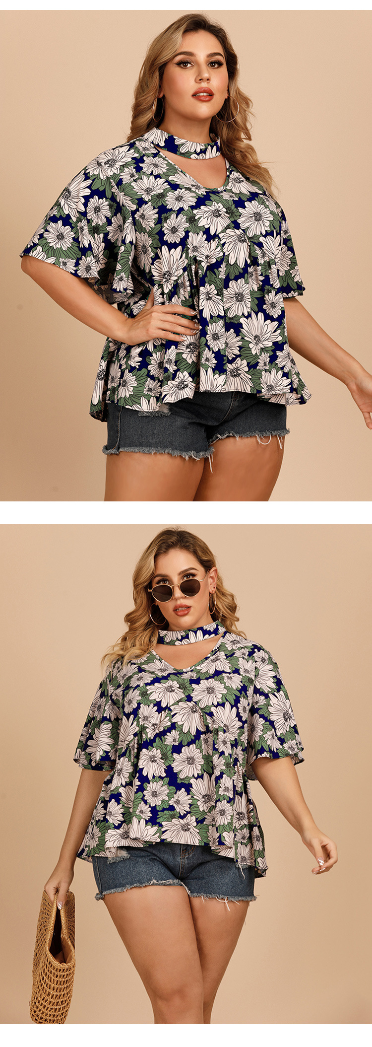 Plus Size hanging Neck Lotus Leaf Sleeve Floral Shirt NSJR59634