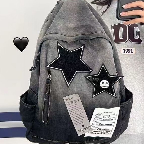 2025 Hot Selling Gradient Washed Canvas School Bag College Student Star Design Retro Denim Backpack Women 2025 Hot Selling Gradient Washed Canvas School Bag College Student Star Design Retro Denim Backpack Women