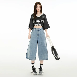 美式复古七分牛仔裤女2026夏季新款高腰宽松阔腿时尚潮流直筒中裤