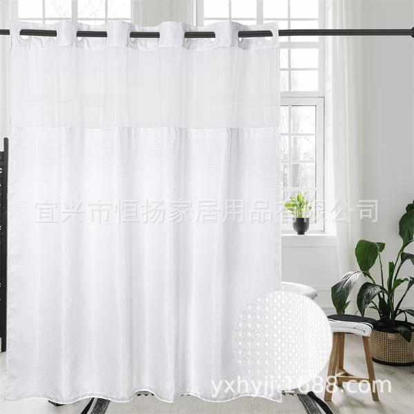 Waffle-Pattern Large Ring Shower Curtain with Gauze Print Splicing Shower Curtain Hotel Bathroom Set