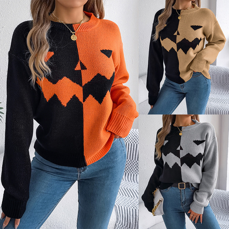 Real Shot of Autumn and Winter Halloween Ghost Pumpkin Contrasting Color Long-Sleeved Pullover Sweater Amazon Foreign Trade Cross-Border Women's Clothing