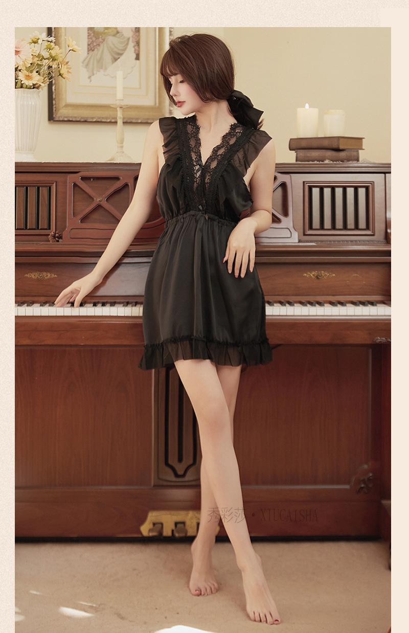 Plus Size Lace Babydoll Nightgown, Short Skirt Style, Black One Size — detail image 17