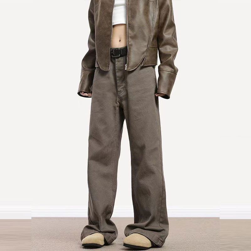 Nuevo Maillard vintage lavado jeans hombres y mujeres estilo americano suelo de residuos sueltos estilo marrón todo partido Pantalones rectos moda