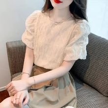 短袖蕾丝雪纺衫女2025夏季设计感小众遮肚宽松法式泡泡袖刺绣上衣